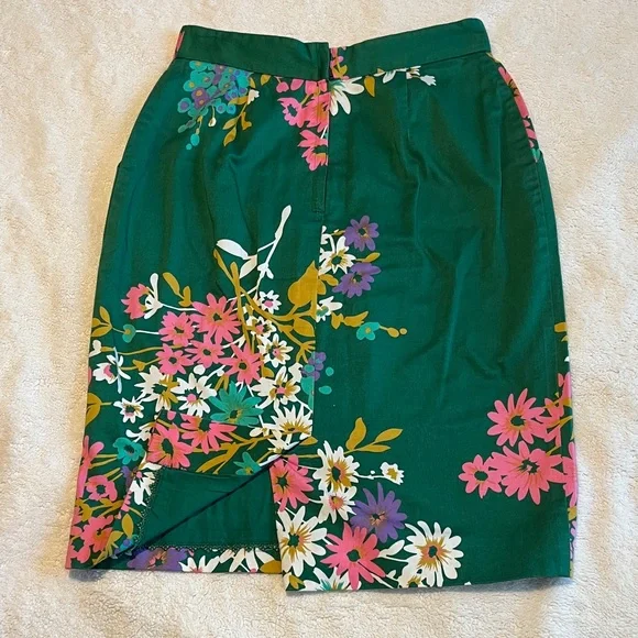 Odille Green Floral Pencil Skirt High Waist Mini Pockets Zip Slit Size 0 - Picture 5 of 6